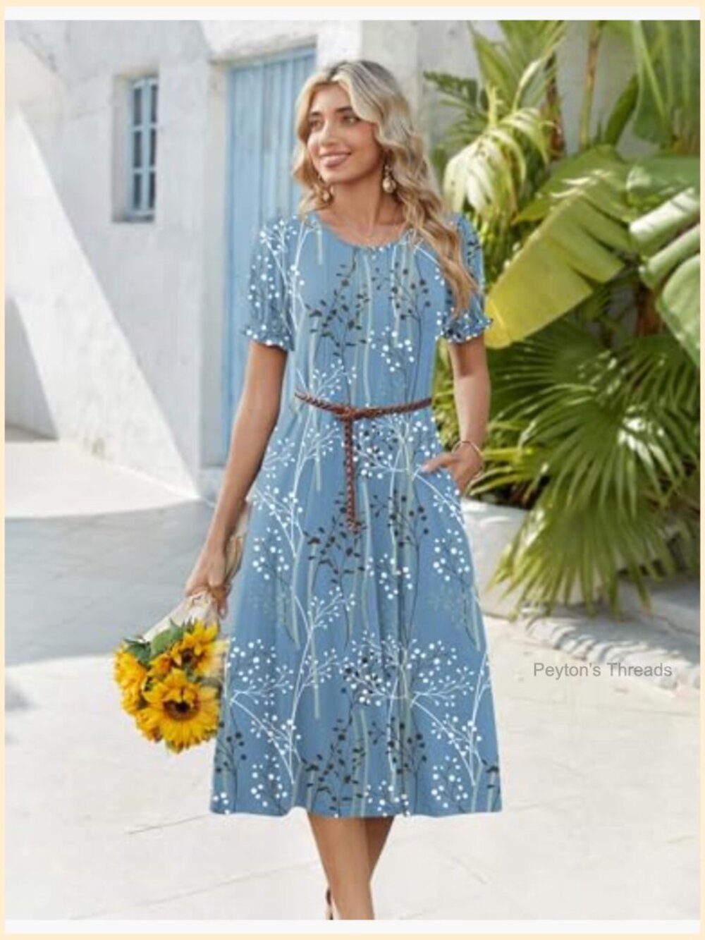 Women's Casual Midi Dress with Puff Sleeves, Pleated Flowy Sundress with - Picture 5 of 7